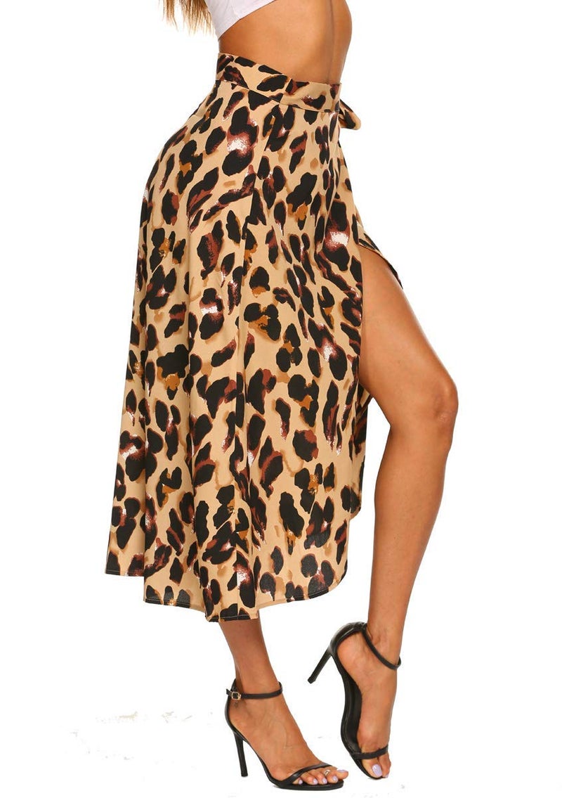 Newchoice Leopard Skirts for Women Long Tie Up Bowtie Summer Flowy Wrap Midi Skirt (M,Leopard Yellow) - Image 2